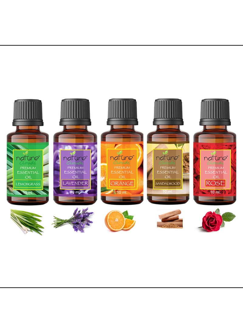 nature clouds Essential Oil Lemongrass Lavender Orange Sandalwood Rose Combo Set Pure Natural Organic Oils for Aromatherapy Diffuser Pack of 5