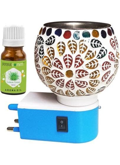 PEEPALCOMM Premium Kapur Dani Electrical Camphor Diffuser Kapoor Dani Essential Oil Diffuser with On Off Switch to Switch Between Burner LampNight Lamp Light with 1 Lemongrass Aroma Oil 10ml