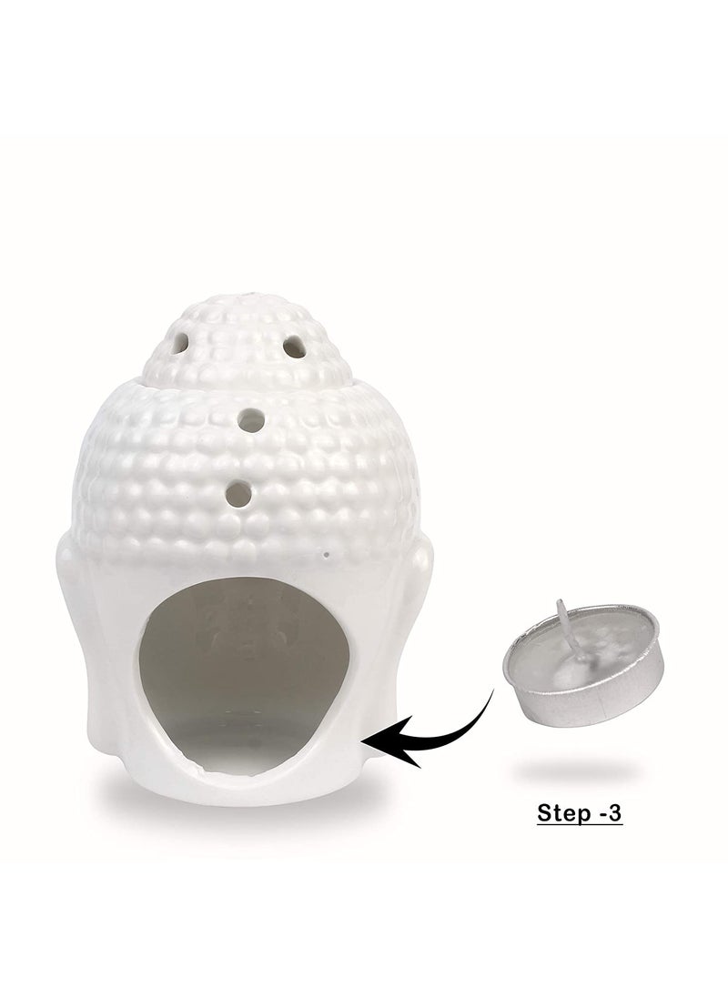 Ceremic White Buddha Head Shape DiffuserOil Burner Lamp Best for Home Decor Room Fragrance with 110 ml Scented Aroma Oil and 2 Tlight Candle