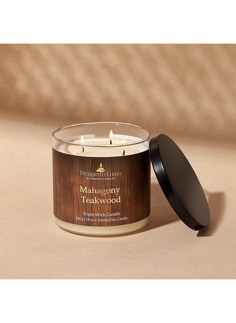 PROSPERRO LUMO by Parkash Candles Premium Scented Soy Wax Candle 500 gm 3540 Hrs Luxury Aroma Therapy Triple Wick Votive Jar Candle Scented Candles for Home Decor Gift Set Mahagony Teakwood
