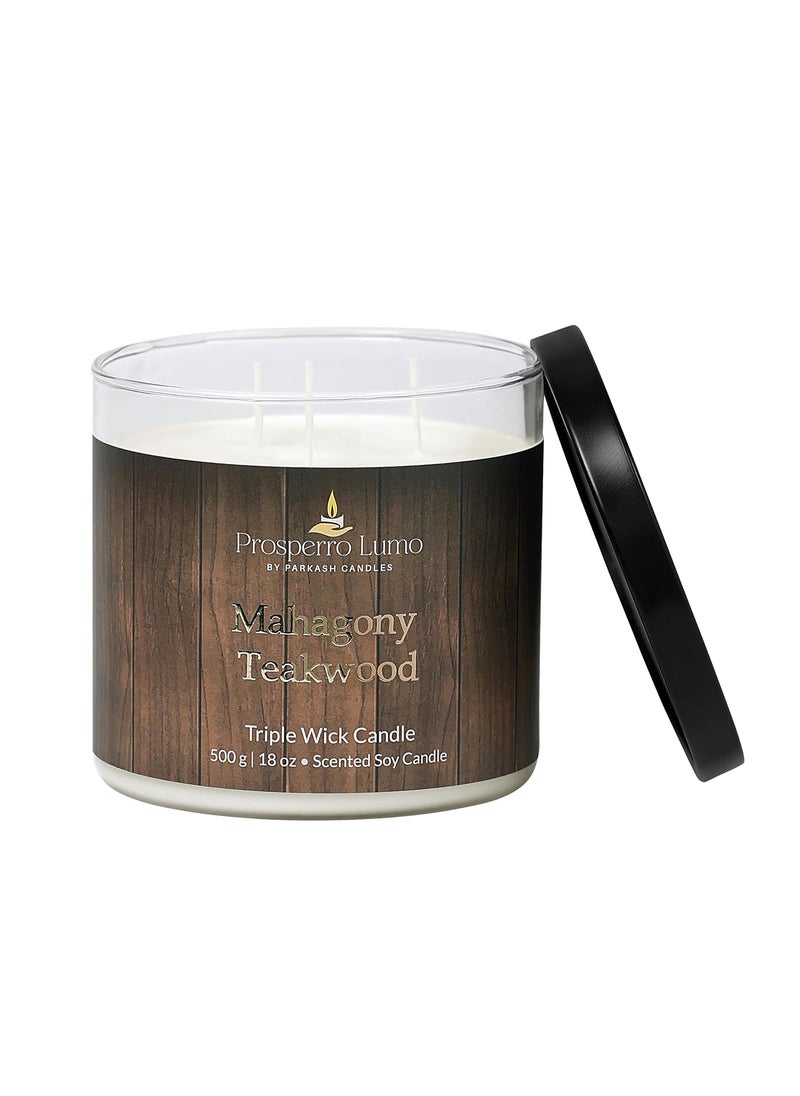 PROSPERRO LUMO by Parkash Candles Premium Scented Soy Wax Candle 500 gm 3540 Hrs Luxury Aroma Therapy Triple Wick Votive Jar Candle Scented Candles for Home Decor Gift Set Mahagony Teakwood