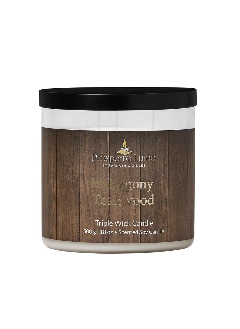PROSPERRO LUMO by Parkash Candles Premium Scented Soy Wax Candle 500 gm 3540 Hrs Luxury Aroma Therapy Triple Wick Votive Jar Candle Scented Candles for Home Decor Gift Set Mahagony Teakwood