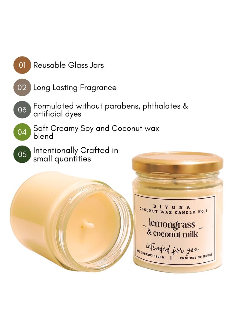 DIYONA Lemongrass Coconut Milk Scented Candle Made with Coconutwax Soywax and Quality Fragrance Oils for Aromatic ambeince 150gm Content Endures for 30hours