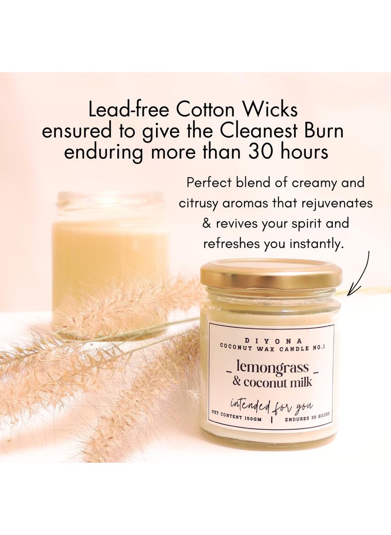 DIYONA Lemongrass Coconut Milk Scented Candle Made with Coconutwax Soywax and Quality Fragrance Oils for Aromatic ambeince 150gm Content Endures for 30hours