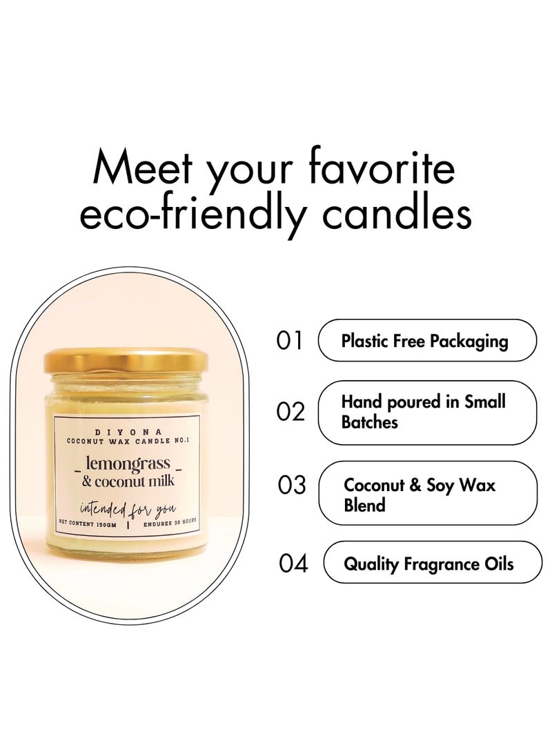 DIYONA Lemongrass Coconut Milk Scented Candle Made with Coconutwax Soywax and Quality Fragrance Oils for Aromatic ambeince 150gm Content Endures for 30hours