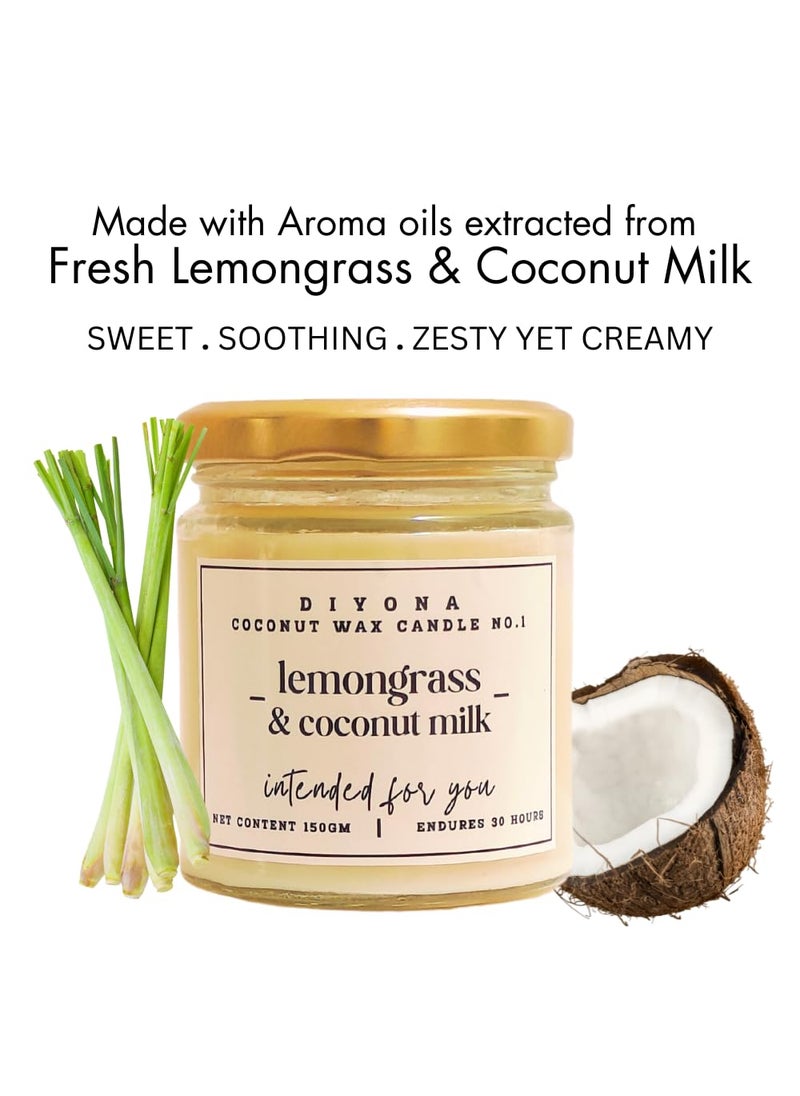 DIYONA Lemongrass Coconut Milk Scented Candle Made with Coconutwax Soywax and Quality Fragrance Oils for Aromatic ambeince 150gm Content Endures for 30hours
