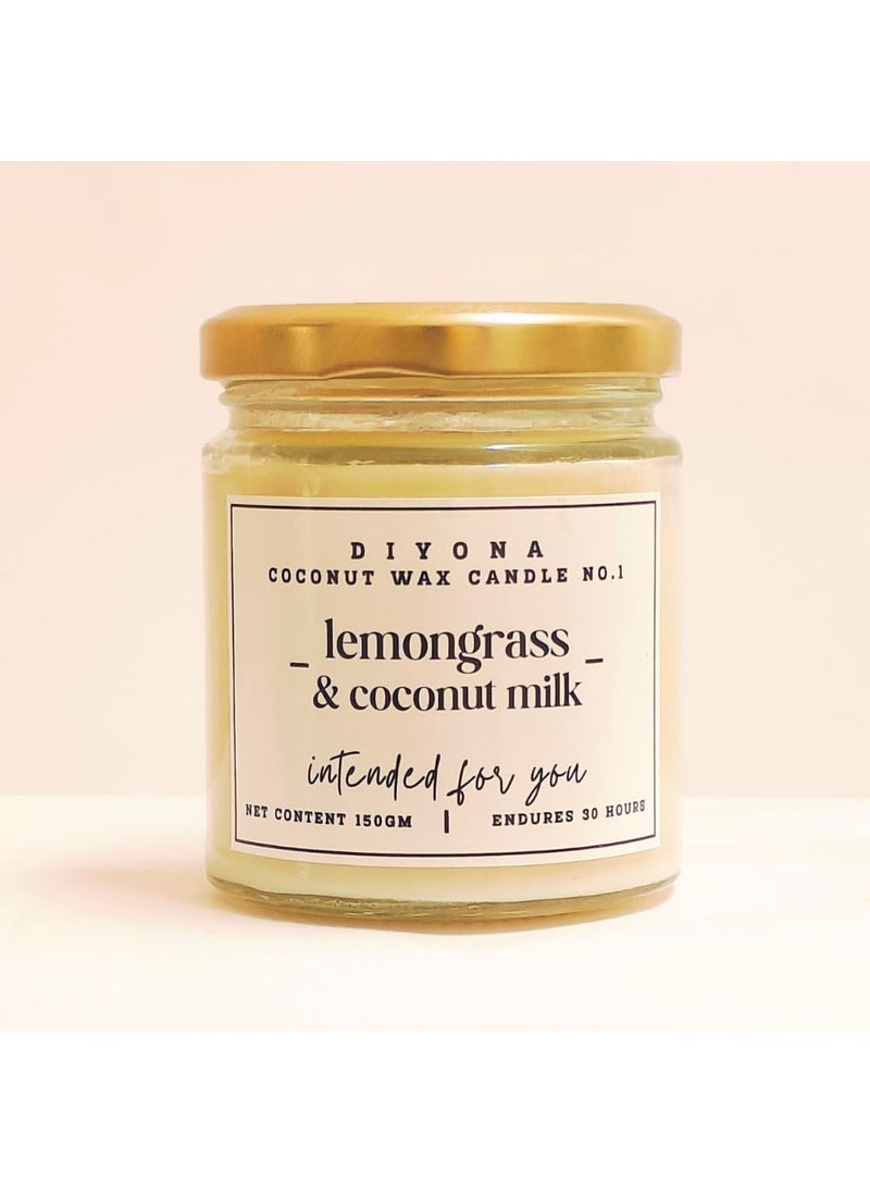 DIYONA Lemongrass Coconut Milk Scented Candle Made with Coconutwax Soywax and Quality Fragrance Oils for Aromatic ambeince 150gm Content Endures for 30hours