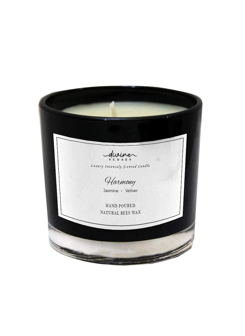 Divine Senses Natural Jasmine Vetiver Glass Black Jar Scented Candle 25 Hours Burning Time Natural Beeswax with Essential Oil