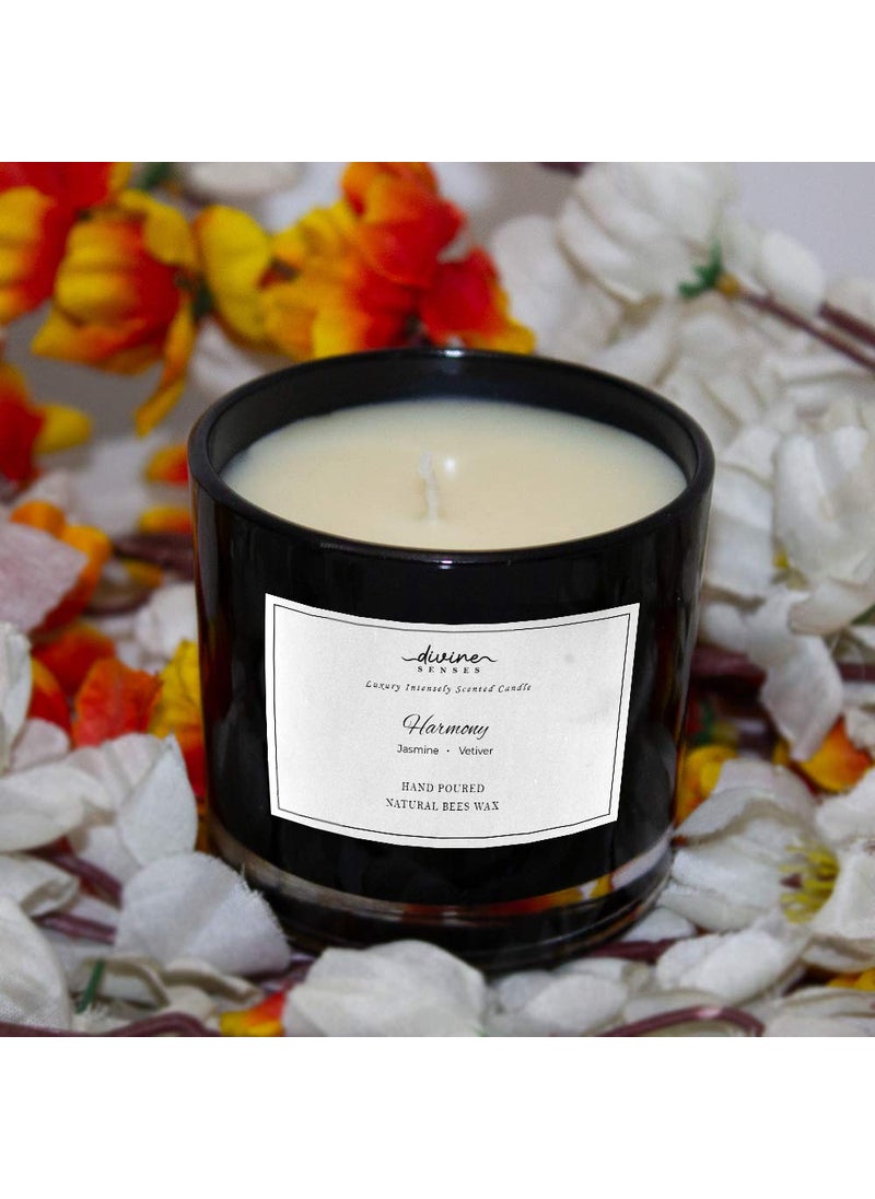 Divine Senses Natural Jasmine Vetiver Glass Black Jar Scented Candle 25 Hours Burning Time Natural Beeswax with Essential Oil