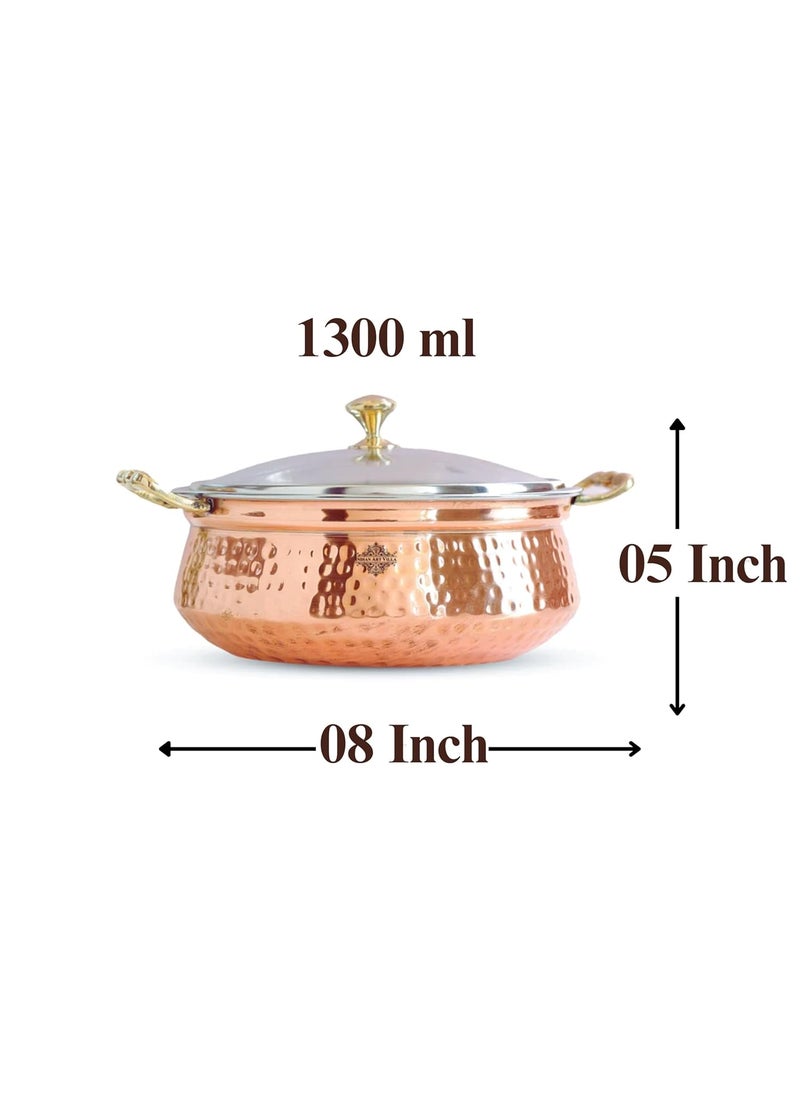 INDIAN ART VILLA Steel Copper Hammered Polished Design HandiCasserole with Glass Lid and Brass Knob with HVolume 1300 ML