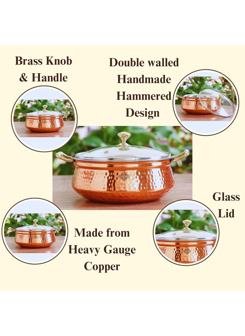 INDIAN ART VILLA Steel Copper Hammered Polished Design HandiCasserole with Glass Lid and Brass Knob with HVolume 1300 ML