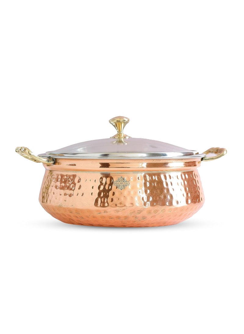 INDIAN ART VILLA Steel Copper Hammered Polished Design HandiCasserole with Glass Lid and Brass Knob with HVolume 1300 ML