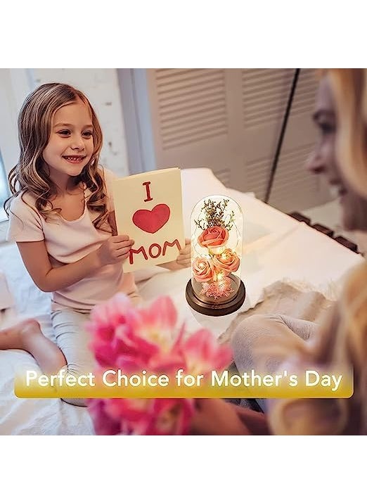 BESTOTTAM Gifts for Women Mothers Day Mom Gifts Pink Rose Flower Gift Light Up Rose in Glass Dome Mothers Day Presents Handmade Soap Rose Ideas Gifts for Grandma Sister Wife Friends