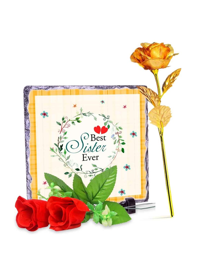 Alwaysgift Best Sister Gift for BirthdayRaksha Bandhan Beautiful Rock Tile Golden Rose 2 Red Roses Gift Hamper
