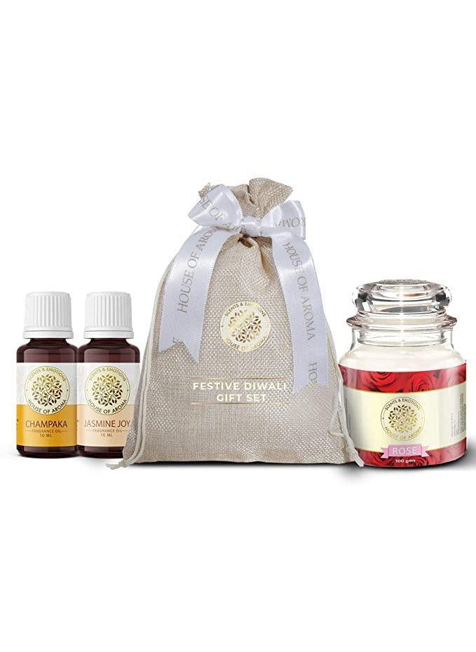 House of Aroma Festive Home Dcor Gift Set Pack of 2 Fragrance Oil Rose Scented Jar Candle for Relax Calm Mood Aromatherapy Made of Beeswax Aromatic Oil Champaka Jasmin Joy 10 ML Each