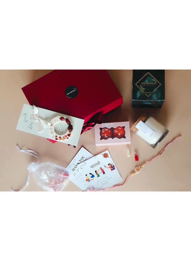 Encebience Premium Rakhi Gift Set for Brother Brother Rakhi Scented Jar Candle Motichoor Laddu Candle Wax Tablet RoliChawal PlantBased Soy Wax Home Dcor Gifting