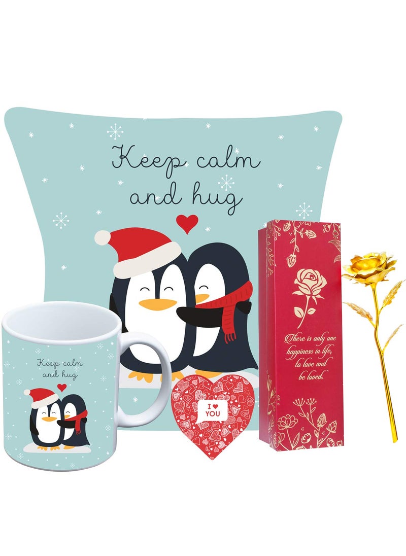 Next Bazaar Valentines Day Keep Clam and Hug Quote Cushion Cover with FillerBlue 12 x 12 Mug 330 ml and 1 Artificial Rose Gift for GirlfriendBoyfriendWifeHusbandMenBirthday