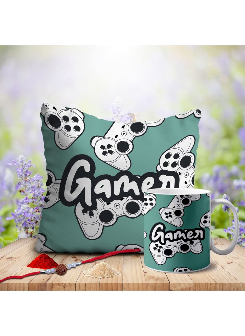 Crazyify Gamer Bhai Printed Mug Cushion Gift Set with Rakhi Roli Chawal 12 x 12 inches Cushion with 350 ML Mug Best Raksha BandhanRakhi Gift for Brother