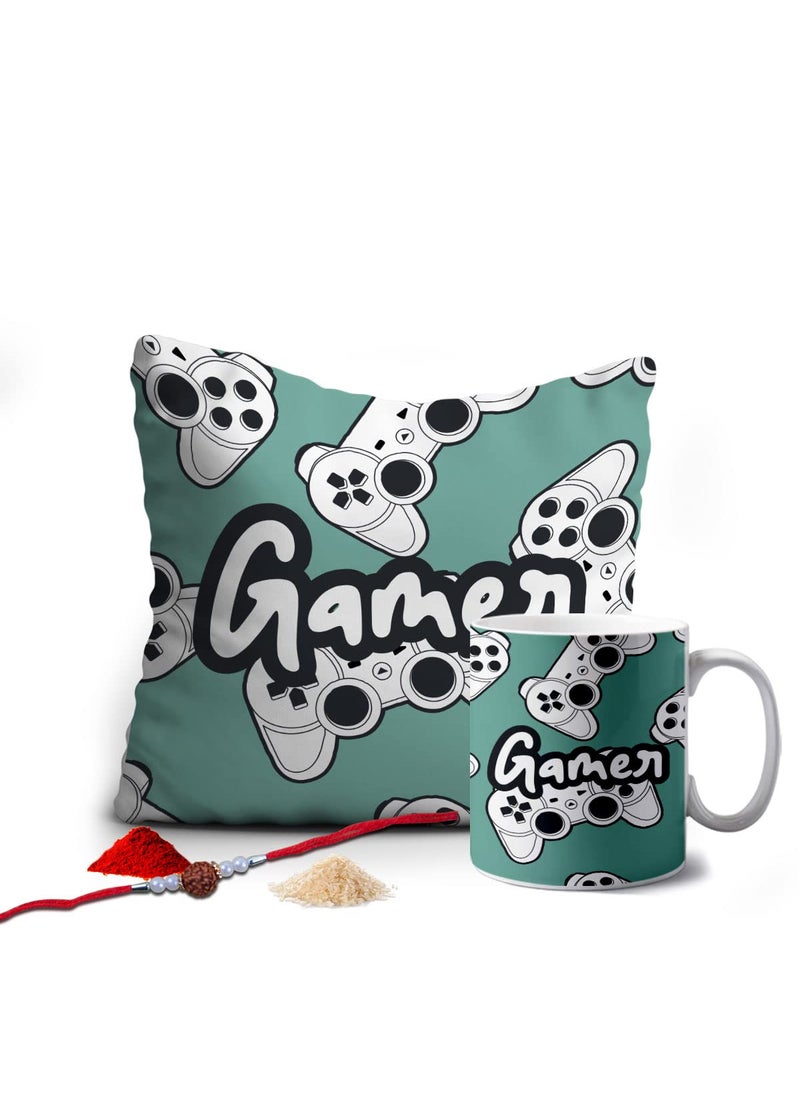Crazyify Gamer Bhai Printed Mug Cushion Gift Set with Rakhi Roli Chawal 12 x 12 inches Cushion with 350 ML Mug Best Raksha BandhanRakhi Gift for Brother