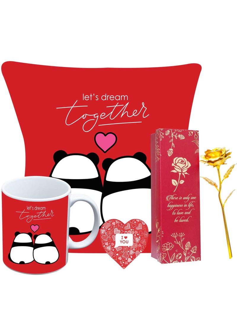 Next Bazaar Valentines lets Dream Together Quote Cushion Cover with FillerRed 12 x 12 Mug 330 ml and 1 Artificial Rose Gift for GirlfriendBoyfriendWifeHusbandMenBirthday
