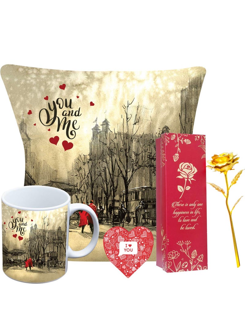 Next Bazaar Valentines Day You and me Quote Printed Cushion Cover with Filler12 x 12 Mug and 1 Artificial Rose Gift for GirlfriendBoyfriendWifeHusbandMenBirthday