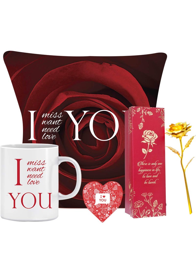 Next Bazaar Valentines Day I Miss You Quote Cushion Cover with FillerRed 12 x 12 Mug 330 ml and 1 Artificial Rose Gift for GirlfriendBoyfriendWifeHusbandMenBirthday