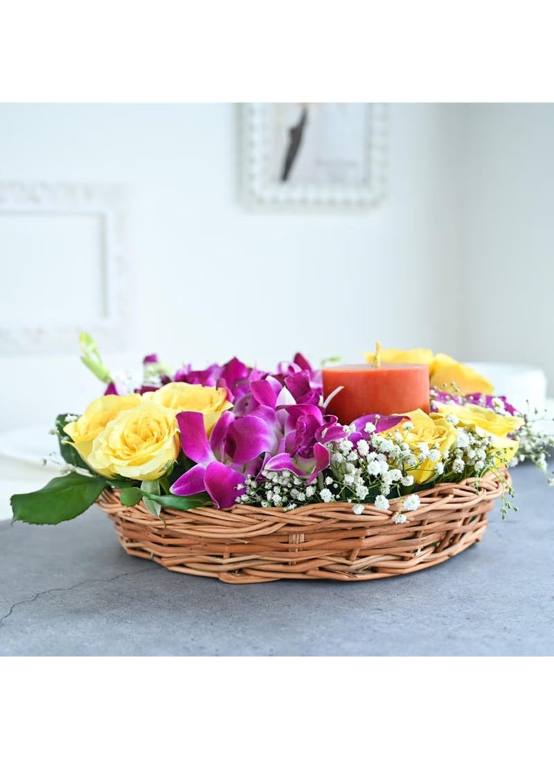 FlowerAura Love Hamper Includes Fresh Live 8 Yellow Rose 8 Purple Flowers With Candle In Basket For Valentines Day Gift Birthday Gift Anniversary Gift Mothers Day Gift Same Day Delivery