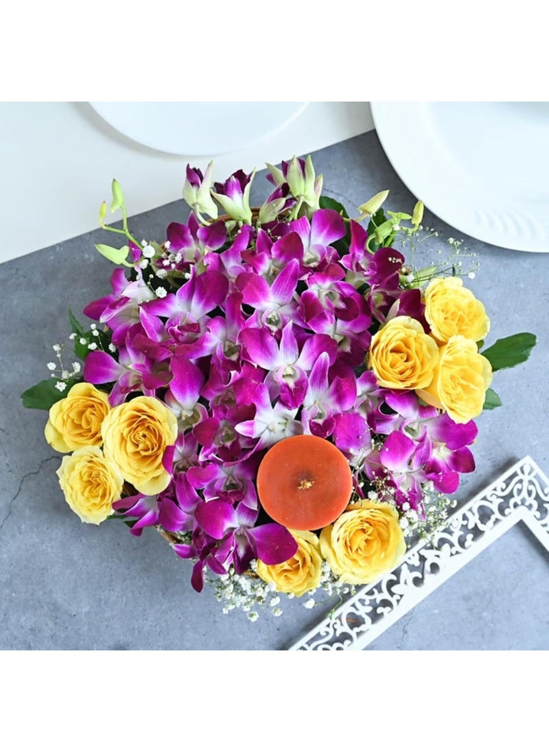 FlowerAura Love Hamper Includes Fresh Live 8 Yellow Rose 8 Purple Flowers With Candle In Basket For Valentines Day Gift Birthday Gift Anniversary Gift Mothers Day Gift Same Day Delivery