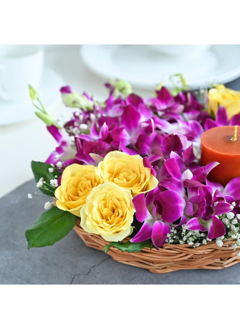 FlowerAura Love Hamper Includes Fresh Live 8 Yellow Rose 8 Purple Flowers With Candle In Basket For Valentines Day Gift Birthday Gift Anniversary Gift Mothers Day Gift Same Day Delivery