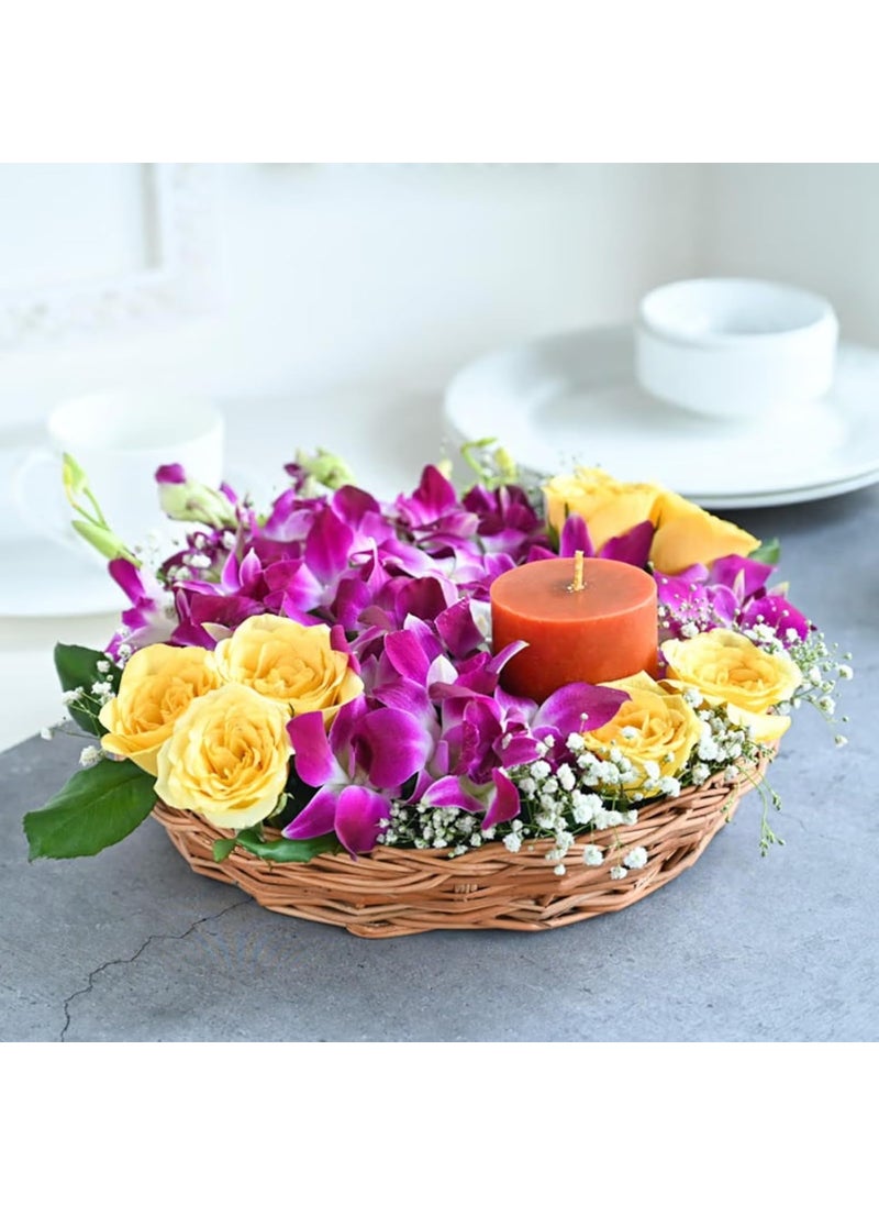 FlowerAura Love Hamper Includes Fresh Live 8 Yellow Rose 8 Purple Flowers With Candle In Basket For Valentines Day Gift Birthday Gift Anniversary Gift Mothers Day Gift Same Day Delivery