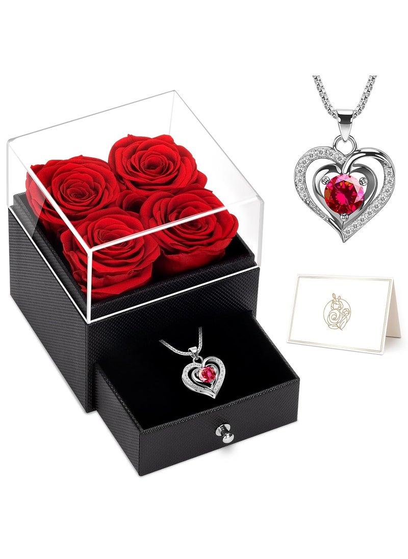 RIANEAN Valentines Day Gifts for Her 4 Eternal Roses in Square Box with Necklace Valentines Forever Roses Jewelry Box Gift Preserved Flowers Gifts for Valentines Day Birthday Anniversary Red