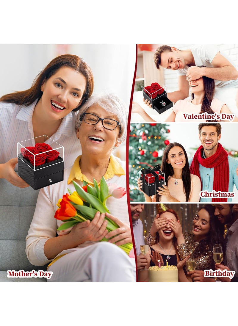 RIANEAN Valentines Day Gifts for Her 4 Eternal Roses in Square Box with Necklace Valentines Forever Roses Jewelry Box Gift Preserved Flowers Gifts for Valentines Day Birthday Anniversary Red