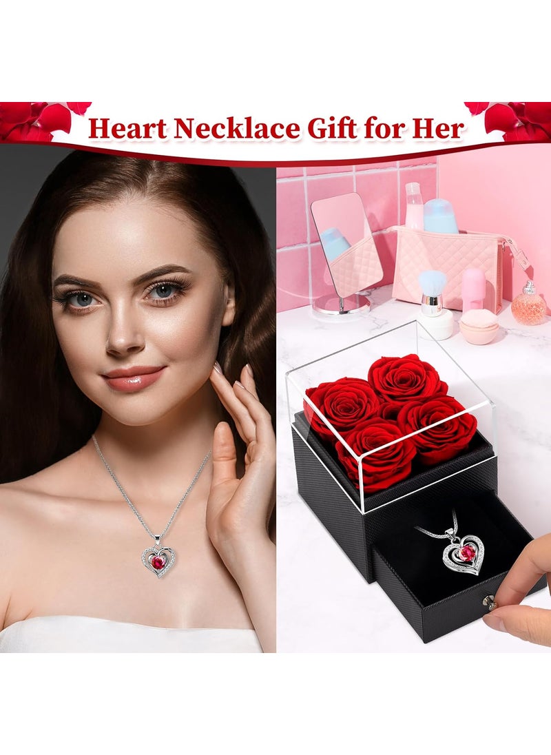 RIANEAN Valentines Day Gifts for Her 4 Eternal Roses in Square Box with Necklace Valentines Forever Roses Jewelry Box Gift Preserved Flowers Gifts for Valentines Day Birthday Anniversary Red