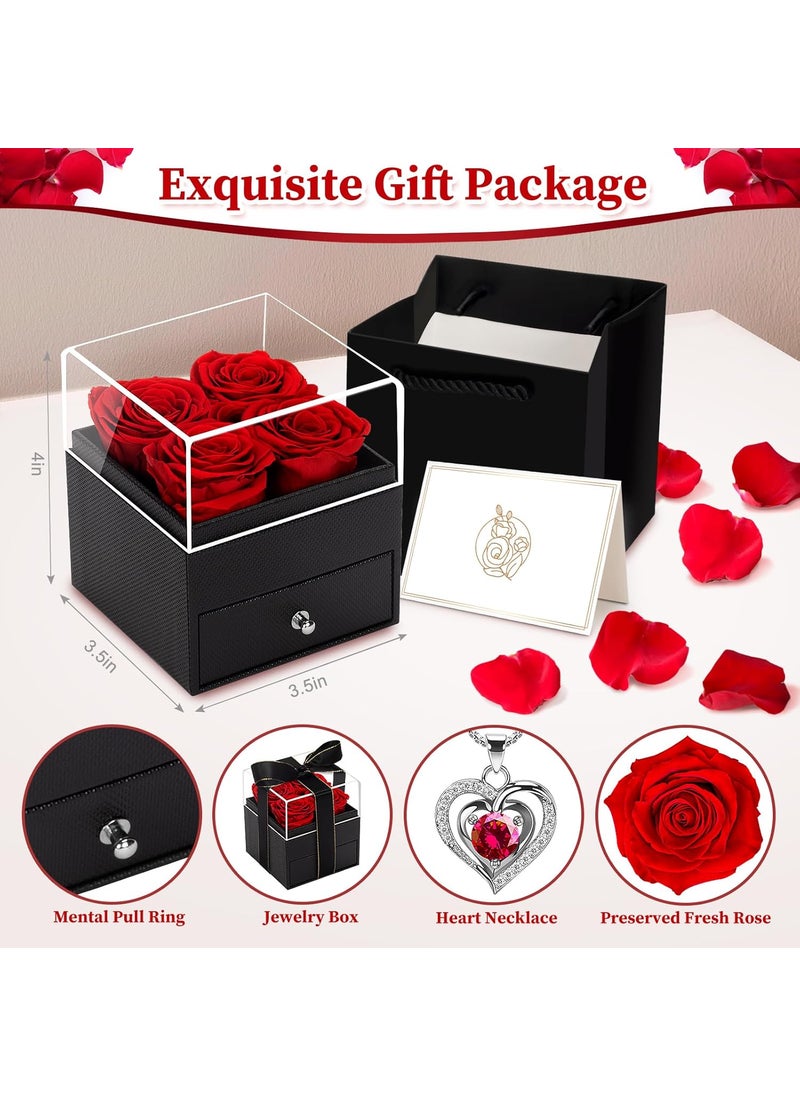 RIANEAN Valentines Day Gifts for Her 4 Eternal Roses in Square Box with Necklace Valentines Forever Roses Jewelry Box Gift Preserved Flowers Gifts for Valentines Day Birthday Anniversary Red