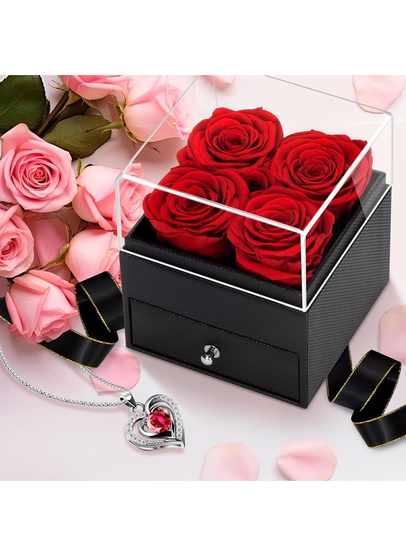 RIANEAN Valentines Day Gifts for Her 4 Eternal Roses in Square Box with Necklace Valentines Forever Roses Jewelry Box Gift Preserved Flowers Gifts for Valentines Day Birthday Anniversary Red