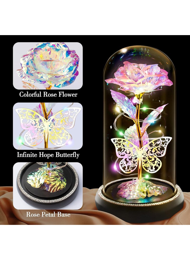 Birthday Gifts for Women Wife Her Butterfly Rose Light Up Preserved Rose in Glass Dome Eternal Rose Light Gifts for Birthday Anniversary Rose Flower Women Gifts for Women Mom GirlfriendColorful