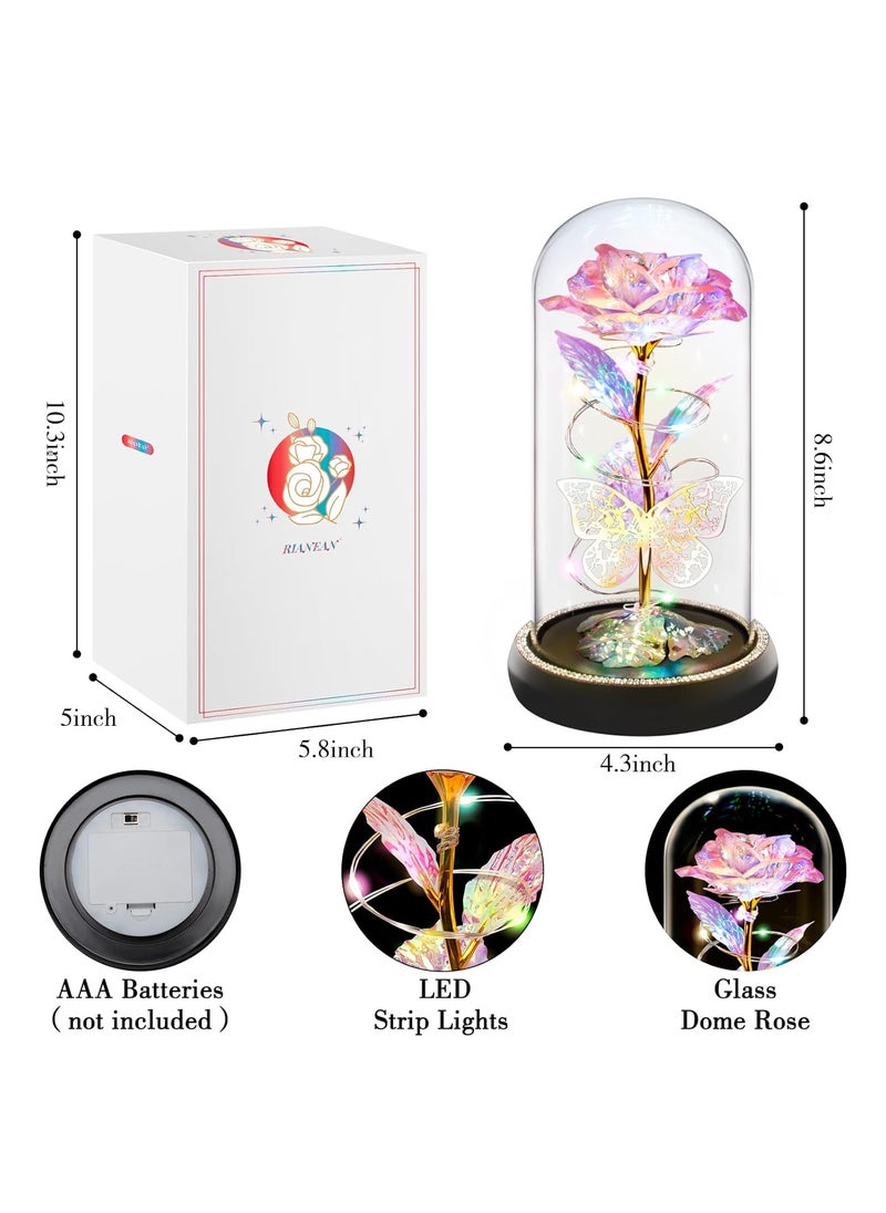 Birthday Gifts for Women Wife Her Butterfly Rose Light Up Preserved Rose in Glass Dome Eternal Rose Light Gifts for Birthday Anniversary Rose Flower Women Gifts for Women Mom GirlfriendColorful