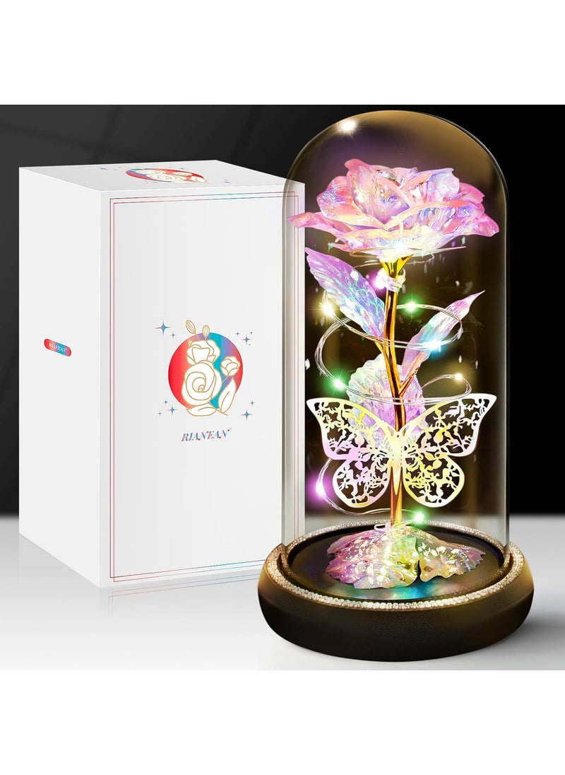 Birthday Gifts for Women Wife Her Butterfly Rose Light Up Preserved Rose in Glass Dome Eternal Rose Light Gifts for Birthday Anniversary Rose Flower Women Gifts for Women Mom GirlfriendColorful