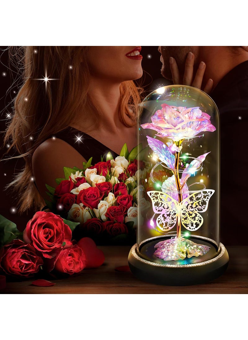Birthday Gifts for Women Wife Her Butterfly Rose Light Up Preserved Rose in Glass Dome Eternal Rose Light Gifts for Birthday Anniversary Rose Flower Women Gifts for Women Mom GirlfriendColorful
