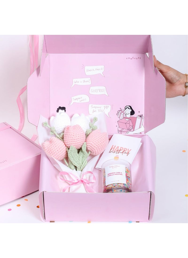 CONFETTI GIFTS Birthday Gift Hamper for Her Pack of 3 Items Crochet Flower BouquetScented Candle Happy Birthday Greeting Card Birthday Gift for Girlfriend Sister Wife Mother and Friends