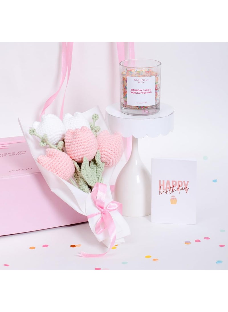 CONFETTI GIFTS Birthday Gift Hamper for Her Pack of 3 Items Crochet Flower BouquetScented Candle Happy Birthday Greeting Card Birthday Gift for Girlfriend Sister Wife Mother and Friends