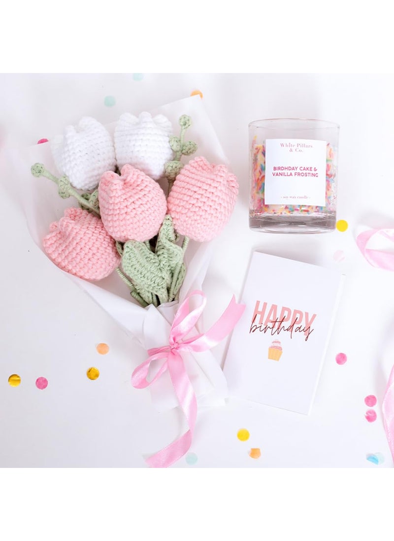CONFETTI GIFTS Birthday Gift Hamper for Her Pack of 3 Items Crochet Flower BouquetScented Candle Happy Birthday Greeting Card Birthday Gift for Girlfriend Sister Wife Mother and Friends