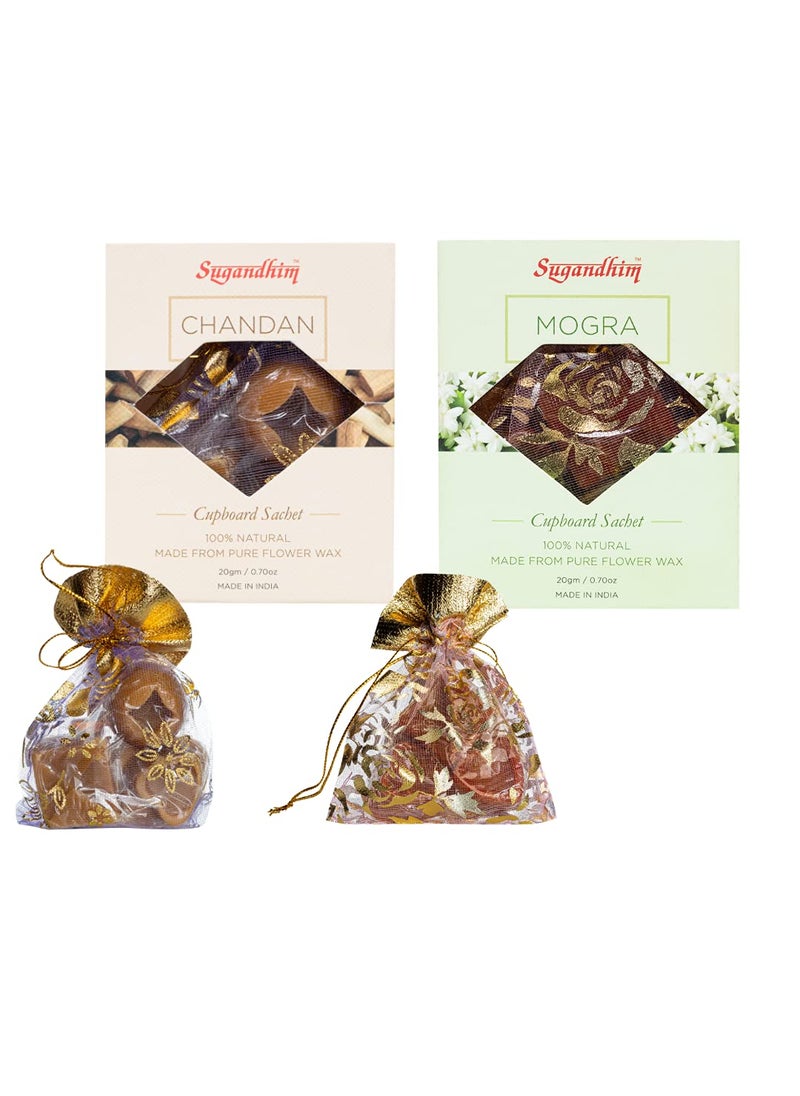 Sugandhim Cupboard Sachet Mogra Jasmine Chandan Sandalwood2 x 20 GMS 100 Natural Floral WaxWoody Rich Intoxicating Sweet Aromatic Ancient Freshener Excellent Fragrance Eco Friendly