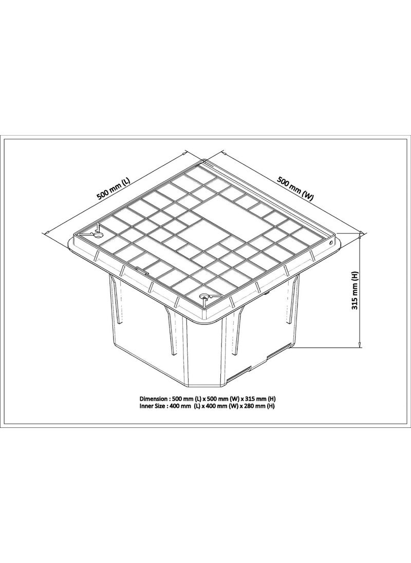 PIEC Earth inspection housing Big Size with hinge and lock built in Works with earth rodfunnelpipe in pipe Size 500 x 500 x 300 mm H Big internal size 400 x 400 x 295 H mm
