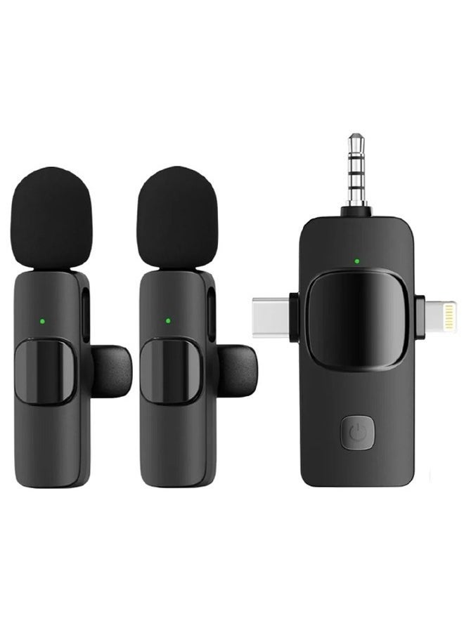 3-in-1 Wireless Lavalier Microphone for iPhone, iPad, iPhone 15 USB-C, Android, Computer, Camera – Dual Mini Clip-On Mics with Plug & Play, Intelligent Noise Reduction, Auto Sync, for Vlog, YouTube, TikTok, Live Streaming