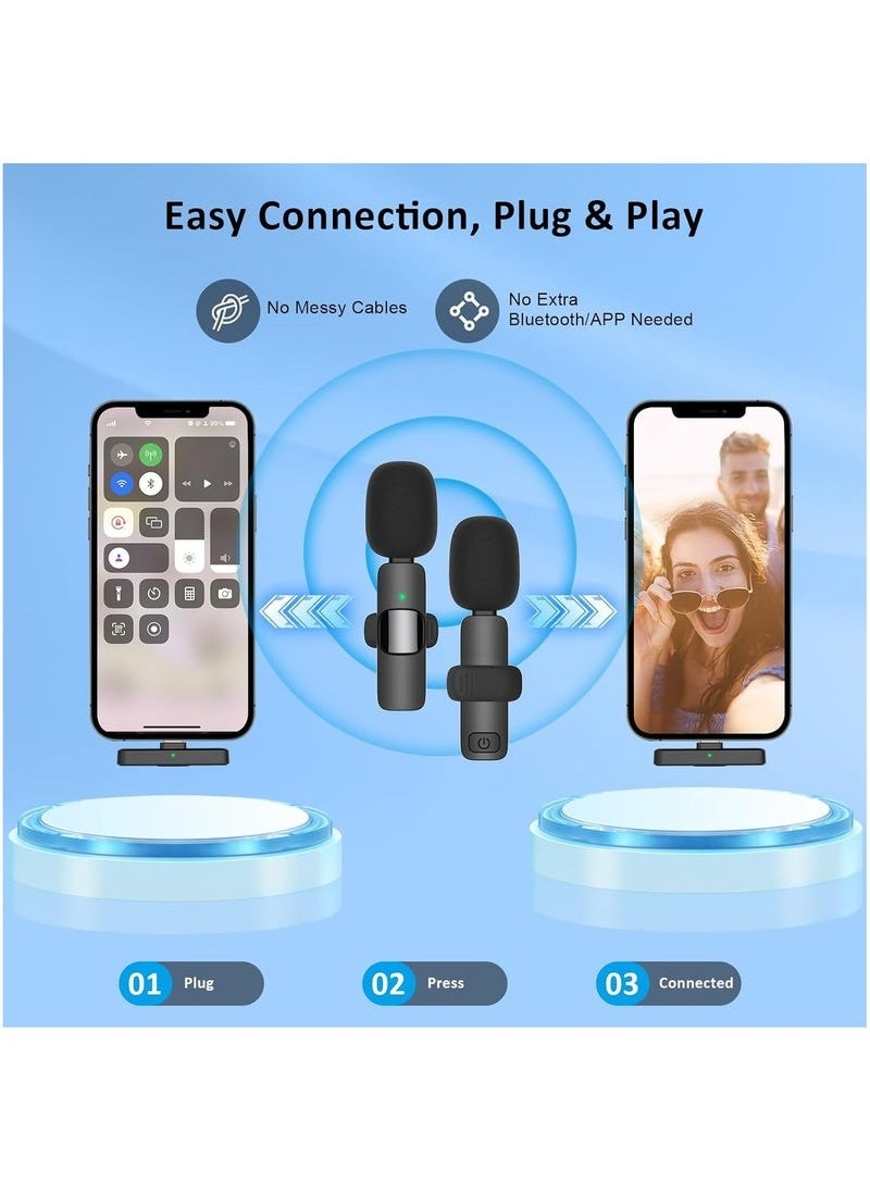 Wireless Lavalier Microphone for iPhone – 2 Pack Plug & Play Mics with Lightning Receiver, Noise Reduction, Auto Sync, Mute Function, 2.4GHz Wireless Mic for iOS Video Recording, Interview, Vlog – Charging Support