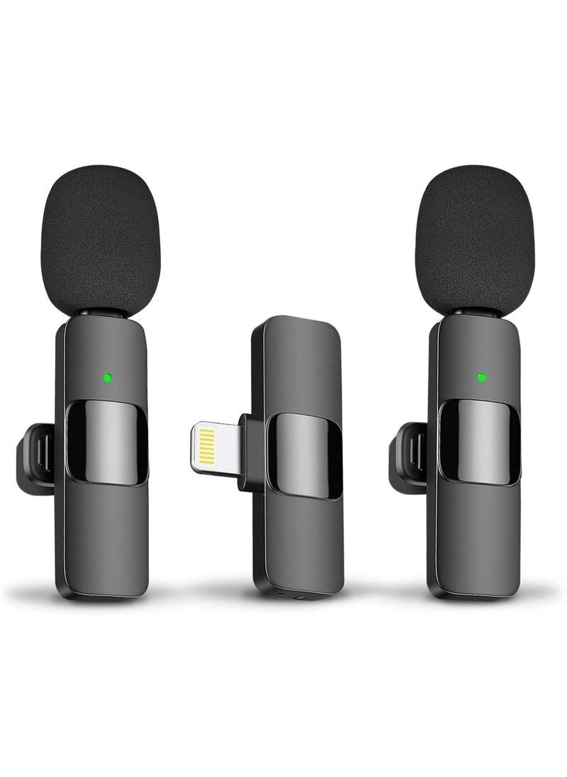 Wireless Lavalier Microphone for iPhone – 2 Pack Plug & Play Mics with Lightning Receiver, Noise Reduction, Auto Sync, Mute Function, 2.4GHz Wireless Mic for iOS Video Recording, Interview, Vlog – Charging Support
