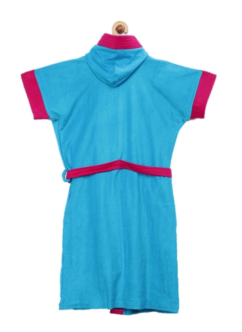 Sand Dune Set of 2 Kids Hood Bathrobe for Boys Terry Cotton Bathrobe Gown Half Sleeves Knee Length Pocket with Waist Belt Combo of 2 Children Hodded Bath Robe is Available for Age Group Between 4 to 13 Years Available in 2 Colors Turquoise Rani Pink with Border Pack of 2