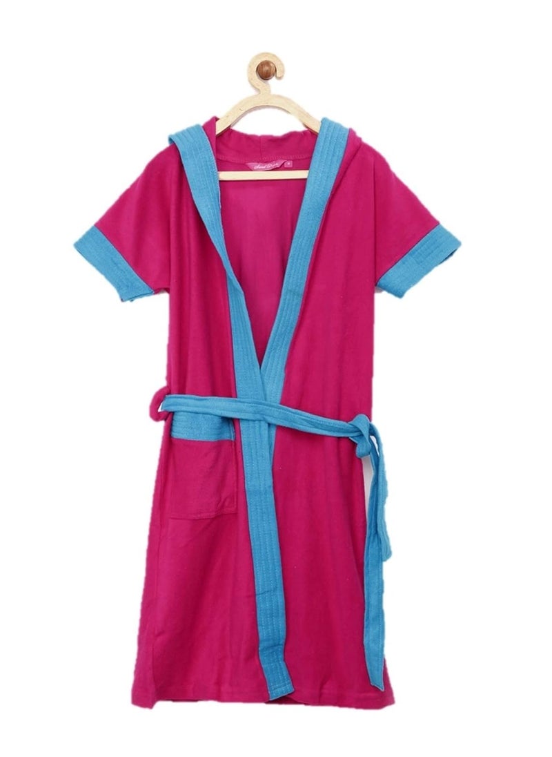 Sand Dune Set of 2 Kids Hood Bathrobe for Boys Terry Cotton Bathrobe Gown Half Sleeves Knee Length Pocket with Waist Belt Combo of 2 Children Hodded Bath Robe is Available for Age Group Between 4 to 13 Years Available in 2 Colors Turquoise Rani Pink with Border Pack of 2