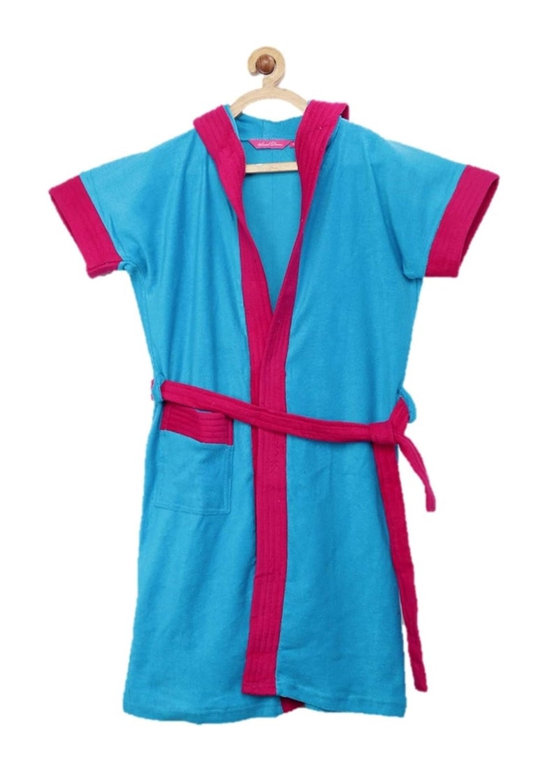 Sand Dune Set of 2 Kids Hood Bathrobe for Boys Terry Cotton Bathrobe Gown Half Sleeves Knee Length Pocket with Waist Belt Combo of 2 Children Hodded Bath Robe is Available for Age Group Between 4 to 13 Years Available in 2 Colors Turquoise Rani Pink with Border Pack of 2